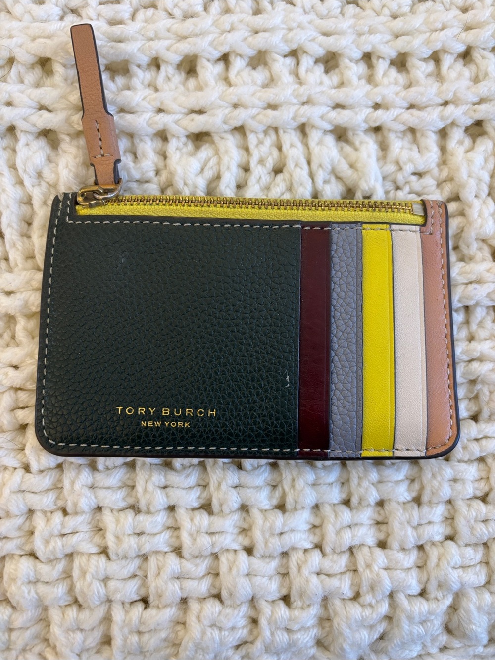 Tory Burch Dark Green Multicolor Leather Card Wallet with Yellow Zip